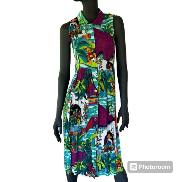 Vintage Sleeveless Dress - Summer Botanical Floral Crinkle Sailboat Travel - Picture 1 of 9